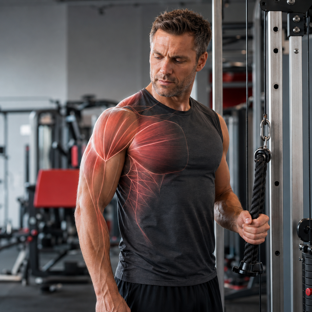 Man choosing a gym exercise with his chest, shoulder and arm muscles highlighted